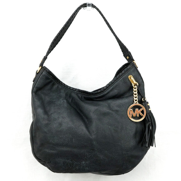 Michael Kors Handbag Womens Black Pebbled Leather Hobo Shoulder Bag Top Zip - Picture 1 of 15